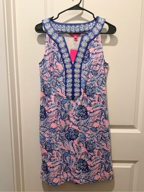 Lilly Pulitzer Pink Shift Dress with Blue Shell Print